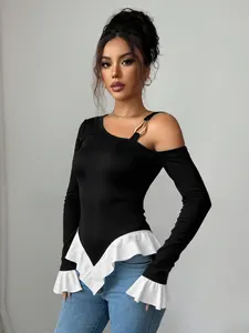 Women's Fashion Clothing New Women's Knitted Top One-Shoulder White Ruffled Hem Women's T-shirt Casual Women's Wear