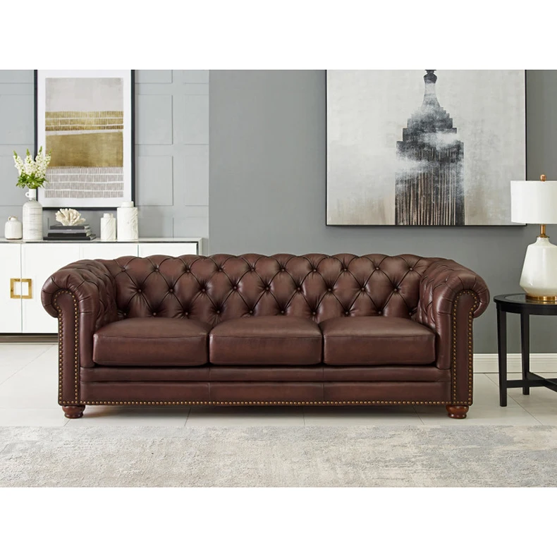 Vintage Chesterfield Genuine Leather Sofa For Hotel House Living Room