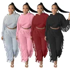 Clothing Casual Casual Women Streetwear Clothing Casual Solid Color Knitted Long Sleeve 2 Piece Fringe Sets Pants Tassel Knit Outfits 2Pcs Set