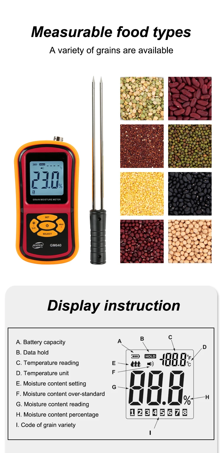Gm640 numérique Grain humidité Mètre testeur d'humidité 5% ~ 30% Temp Maïs Thermomètre 10oc-60oc LCD de semences de Riz Paddy Maïs 