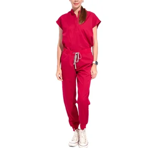 Unisex Casual Nurse Uniform Two-Piece Set Woven Cotton Blends Elastic Stand up Collar Hospital Nursing Scrub Uniform Set