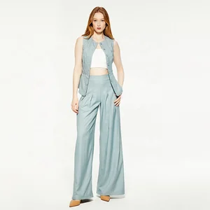 Newest Two Piece Set Blue Sleeveless Women Shirt and Pants Solid Color  Causal Women Set