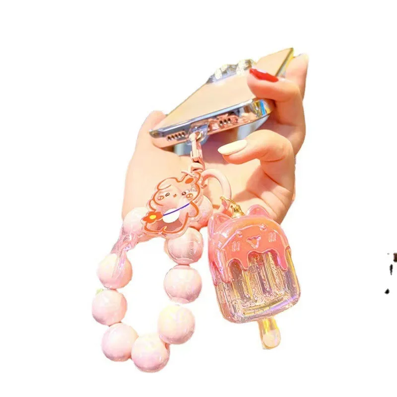 Lilangda Cute Simple Ice Cream Keychain Cartoon Phone Charm Beaded Bag Pendant Mobile Phone Accessory Electroplated Key Buckle