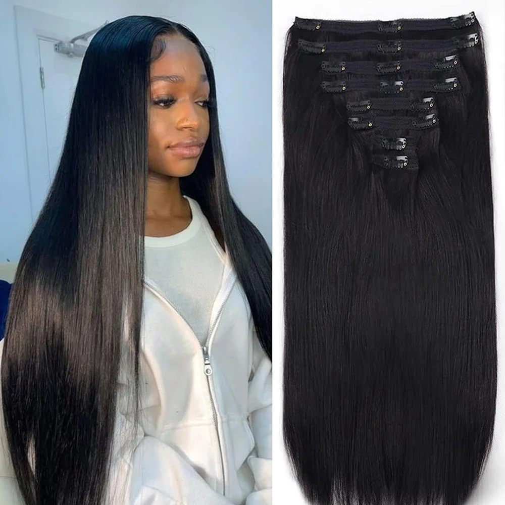 Clip In Human Hair Extensions Natural Black Set For Added Volume_voghion.com
