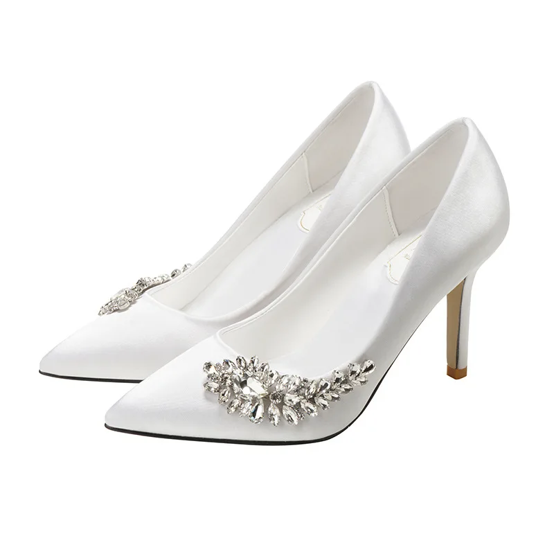 Small And Large Size Pointed Toe Pumps Pyramid Low Heel Rhinestones Wedding Shoes For Bride White - Image 1