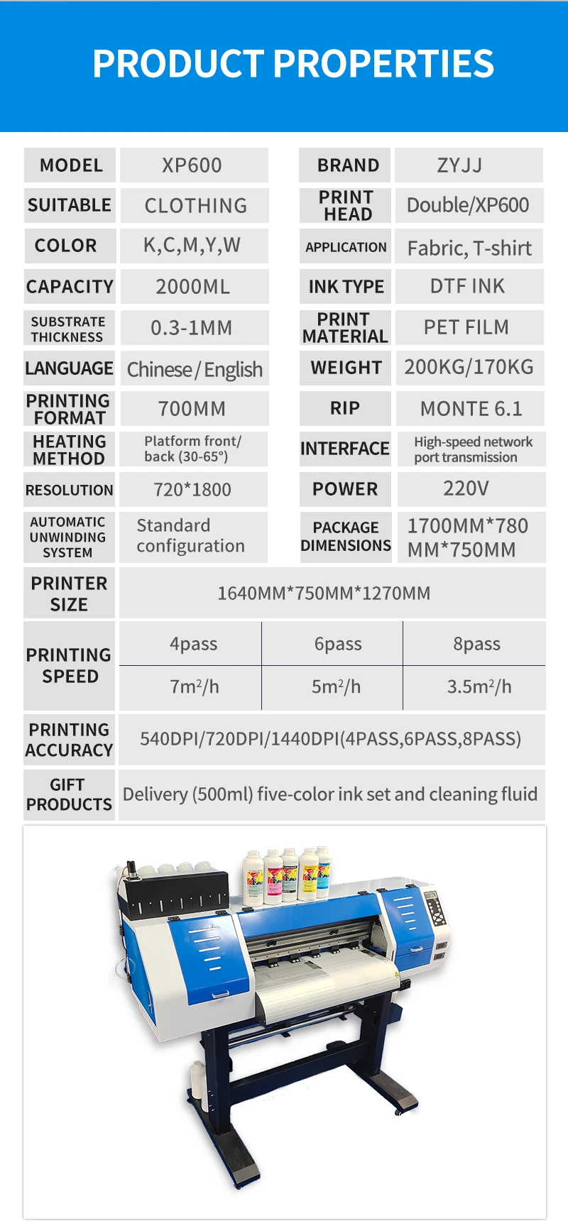 2 Head 60CM Pet Film I3200 XP600 DTF Printer for Tshirt Printing