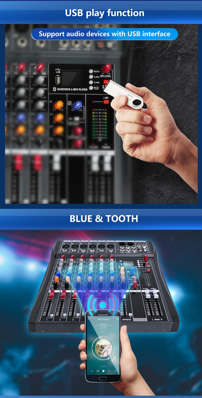 6-channel professional audio console DJ mixer with Blueteeth sound mixer audio karaoke phantom power 48V