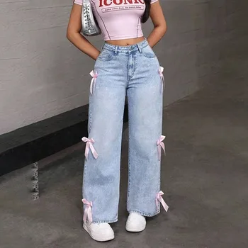 Y2k Street Bow Washed Denim Jeans Loose Straight Leg Wide Leg Pants Womens Plus Size Pants