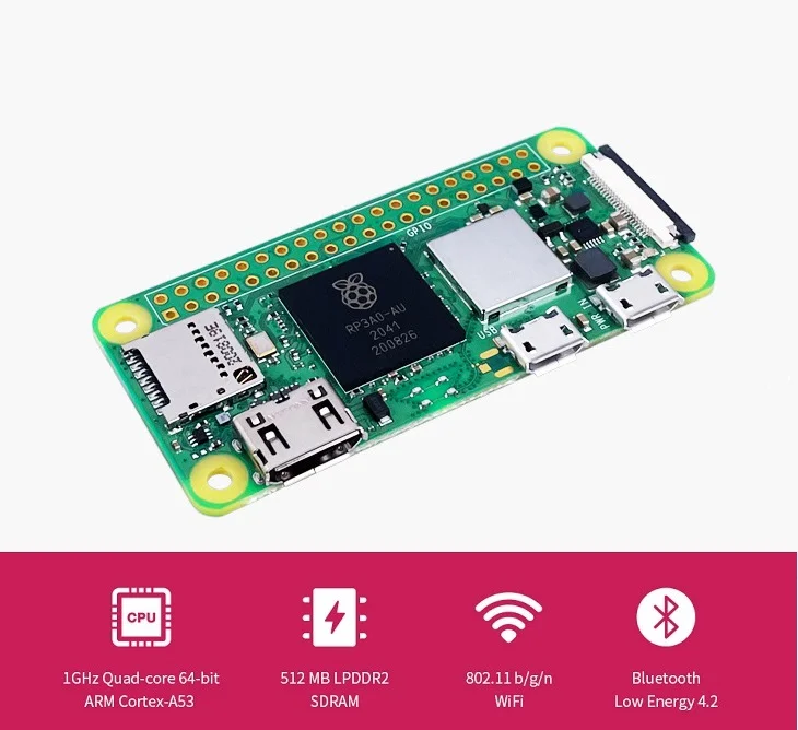 Raspberry Pi Zero 2 W, Five Times Faster. 1GHz Quad-Core Arm Cortex-A53 CPU, WiFi, BT 4.2 BLE