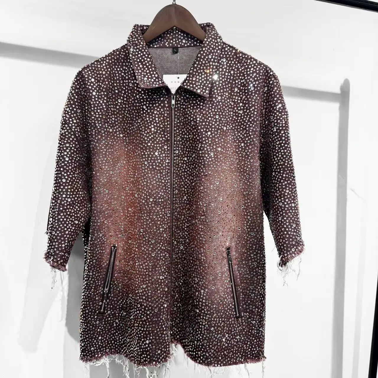 SALATI Custom Men's Acid-washed Zipper up Shirt Allover Shiny Rhinestones Streetwear Oversized Baggy Men Zip up Cotton Shirt gallery 7