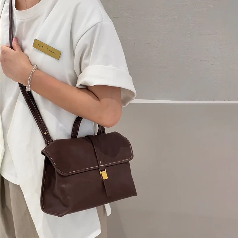 Top Layer Cowhide Messenger Bag Hot Selling Genuine Leather Women’s Niche Shoulder Crossbody Large Capacity Handbag Spring 2025