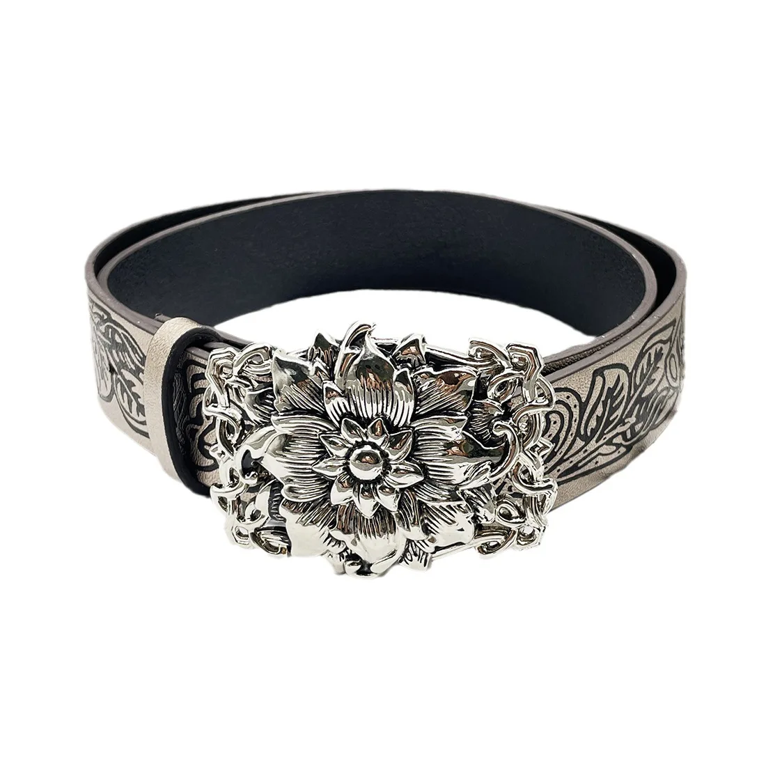 Роскошный ремень из полиуретанового сплава с выгравированной цветочной пряжкой пояс Y2k Западный винтажный кожаный для женщин