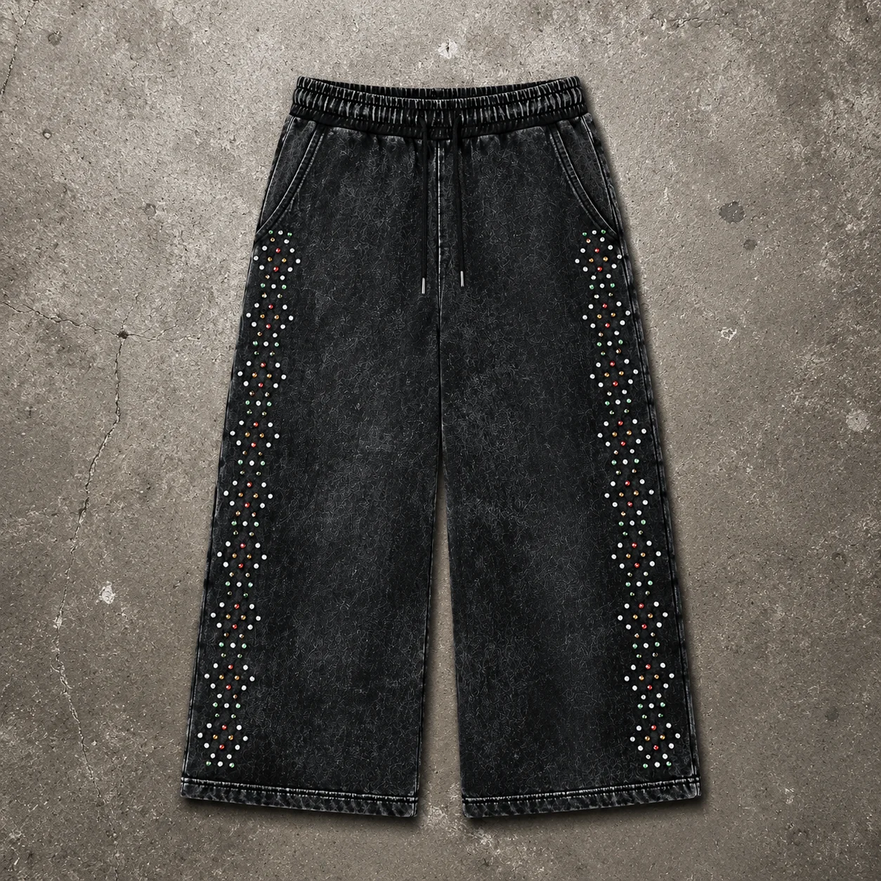 Custom Streetwear Bermuda Drawstring Vintage Cotton French Terry Diamond Rhinestone Oversized Acid Wash Jogger Sweat Shorts Men gallery 3