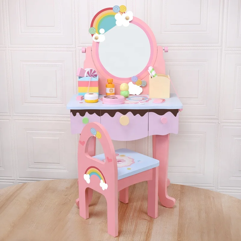 Pretend Vanity Play Set Dressing Table Dresser Wooden Toy Makeup Vanity Table with Mirror