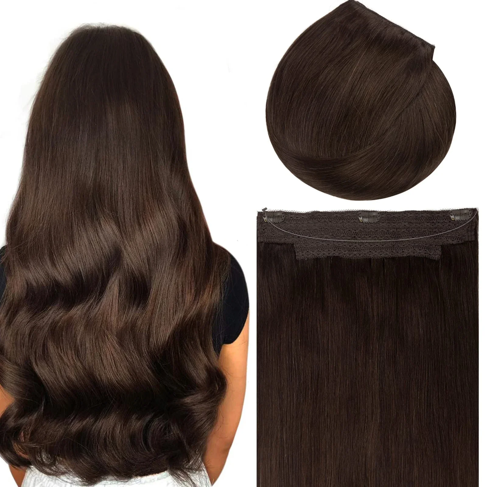 Invisible Fish Line Hair Extensions Real Human Hair Headband Dark Brown #2_voghion.com