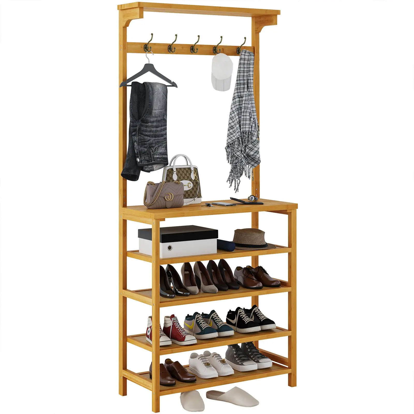 Wholesale Price Standing Coat Rack 5 Tier Shoe Rack Bamboo Cloth Coat