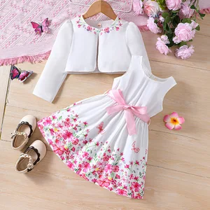 Daily Outfit 2026 Spring Autumn Girls Wholesale Clothing Long Sleeve Clothes Cardigan Floral Sundress Two Piece Kids Sets