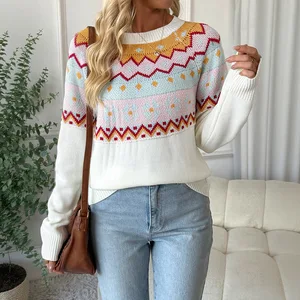 Women's Fair Isle Sweaters Long Sleeve Crew Neck Loose Casual Pullover Christmas Sweater