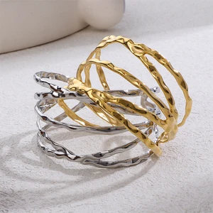 Personalized Exaggerated Bangle Geometric Hollow Multi-layer Bracelet Waterproof Wide Cuff Women's Retro Gold Open Bracelet
