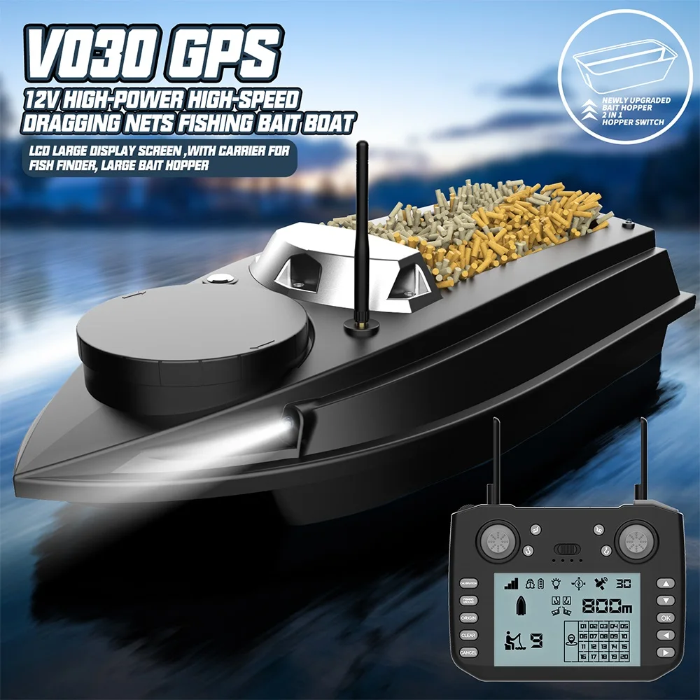 Flytec V030 Fishfinder With GPS Sonar for Fishing RC Bait Boat 180 Anchor Points Double Hook Pull Net Lost Signal Return