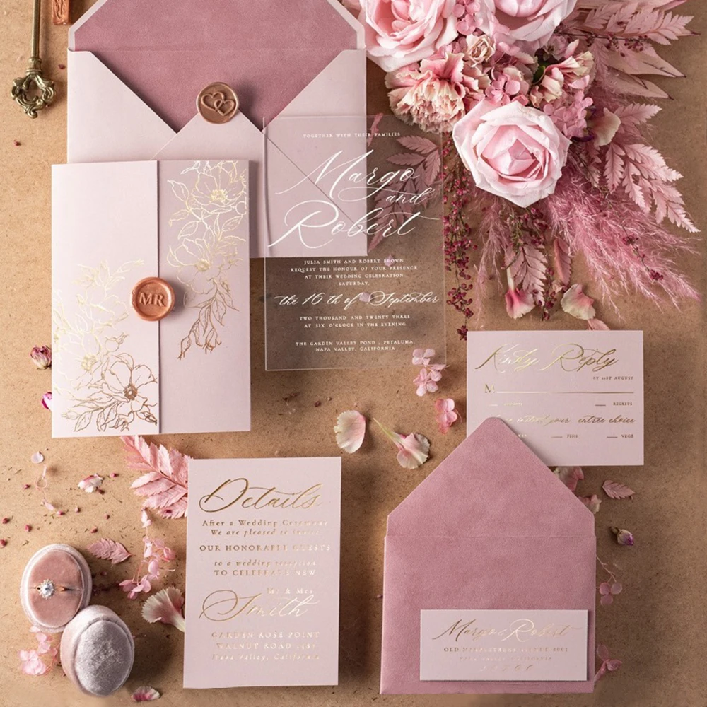 Wholesale Velvet Envelope Pink Rose Paper Wedding Invitation With