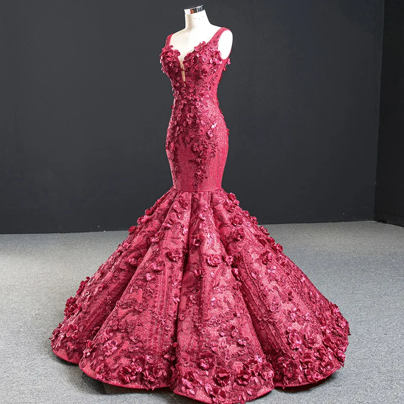 Custom Luxury Mermaid Wedding Dress With Veil High Quality V-neck  Sleeveless Evening Dresses