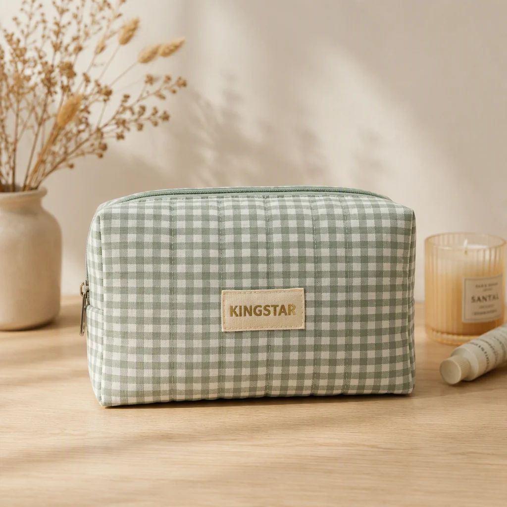 Bolsa de maquillaje personalizada del fabricante, minimalista, de color verde salvia a cuadros, estética femenina limpia, de algodón
