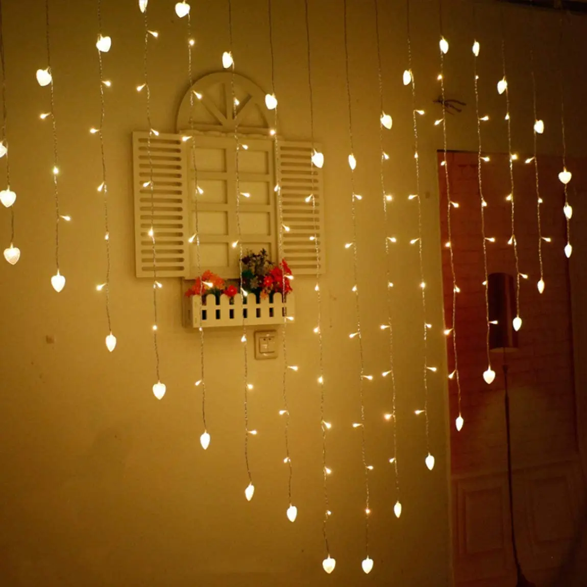 128led心脏形花环风格灯串室内窗帘仙女灯串的婚礼派对