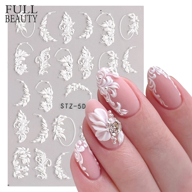 Full Beauty 5d Acrylic Flowers Nail Stickers White Lace Wedding Design