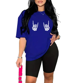 Wholesale Halloween skeleton hand print set women's short sleeve and yoga shorts 2-piece set four seasons can wear women