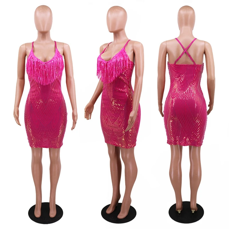 2021 Sequin Deep v-neck Sexy tight Mini Dress With Tassel 2021 Sleeveless condole belt Night Club Party Women Dresses