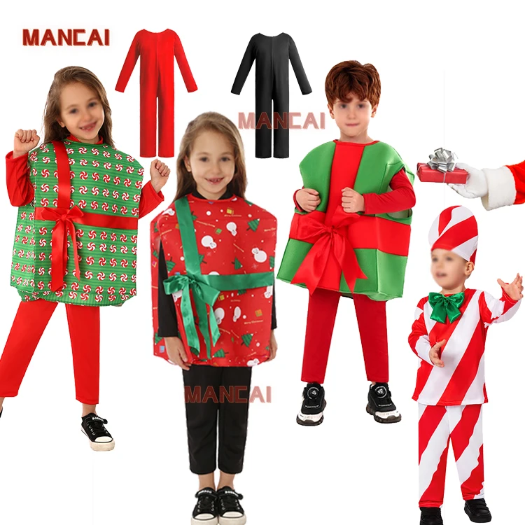 2024 Designs Kids Present Jumpsuit Outfits Xmas Party Fancy Dress up  Clothes Kids School Festival Christmas Bow Gift Box Costume