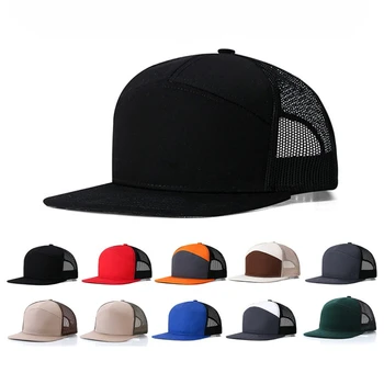 OEM ODM Custom Logo Men High Quality 7 Panel Embroidered Sports Baseball Flat Cap Plain Solid Color Fashion Trucker Hat