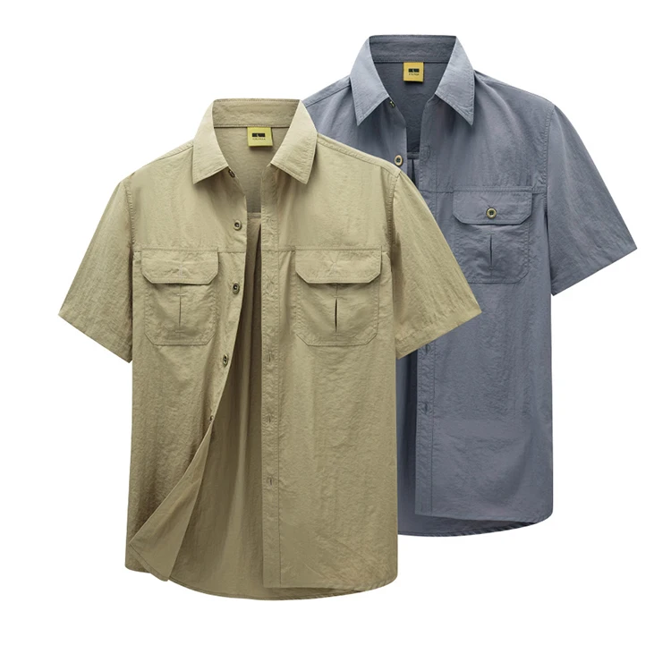 100% Nylon Summer Casual Men's Short-Sleeve Shirt, Turn-Down Collar, Single-Breasted Button-Down Closure, Chest Pocket, Solid Color