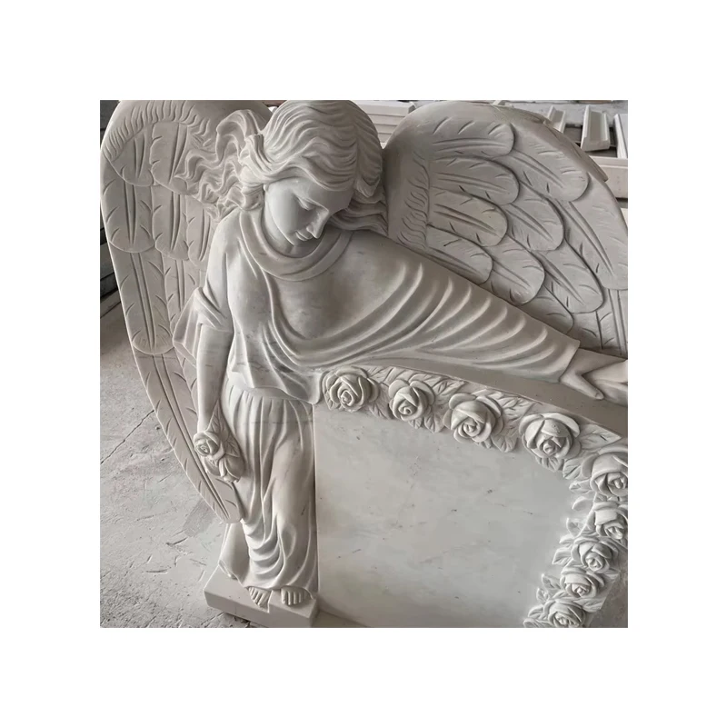 Patung Malaikat Marmar Putih Bergaya Eropah Boleh Disesuaikan Berkualiti Baik dengan Ukiran Tangan dan Batu Nisan Berbentuk Jantung