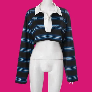 Viviblook Y25TP290 Women's Street New Casual Striped Retro Polo Collar Loose Oversized Crop Top for Women