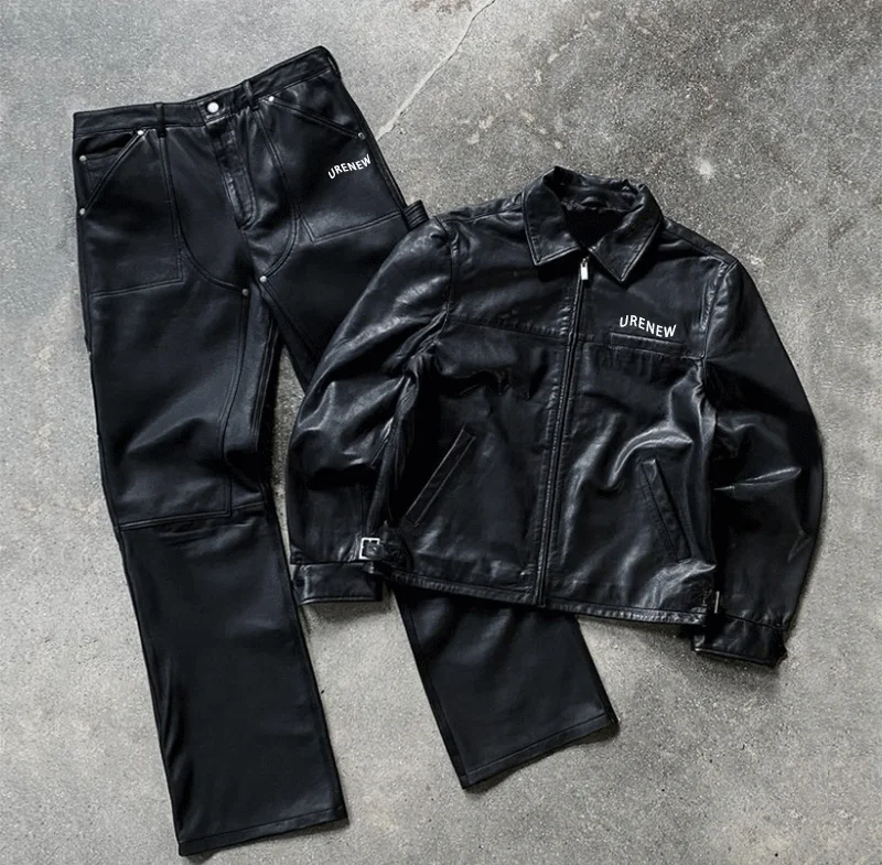 Salati Custom Print Embroidered Men Zip up Motorcycle Leather Suit Leather Jacket and Pu Stacked Flare Pants Set Tracksuit Men gallery 5