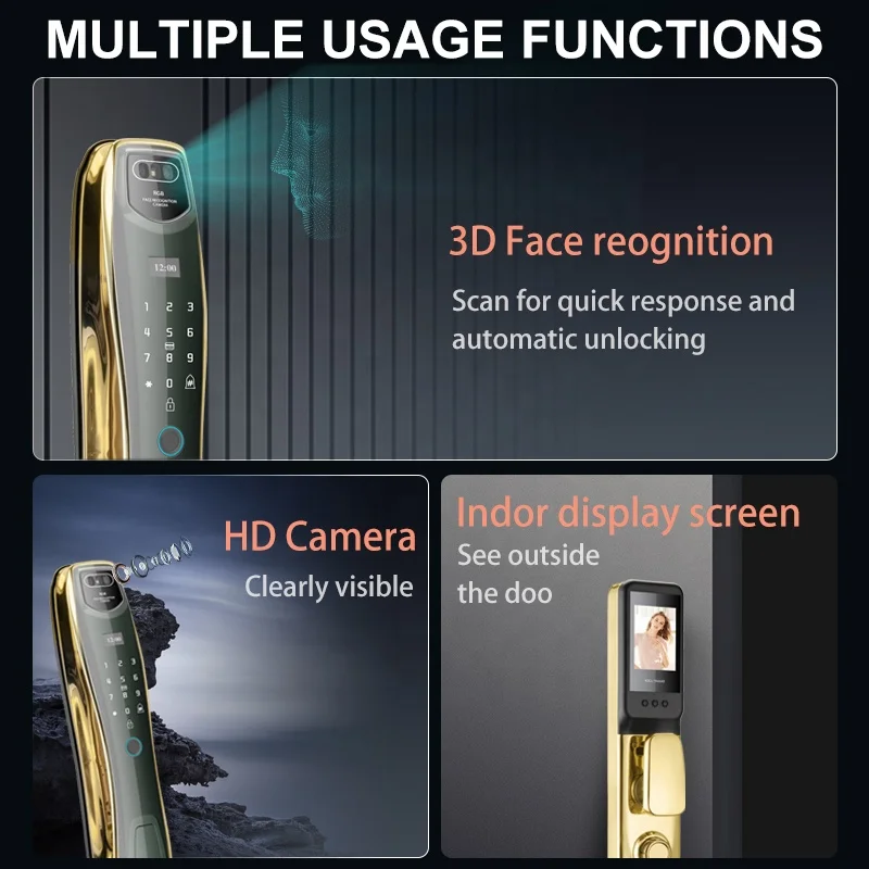 3D Face Recognition ID Fingerprint Camera Viewer Remote Doorbell Key 7 Ways Unlock Tuya App Door Smart Lock with Camera
