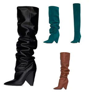 Autumn Winter European American Women's Chelsea Boots Breathable Over-the-Knee Wrinkled Long Tube Irregular Heel Pointed Toe