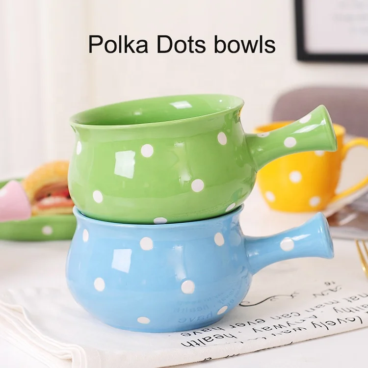 Lead-Free Safe Dinnerware Nordic Polka Dots Salad Soup Cereal Bowl Single Handle Ceramic Bowl Ceramic Handle Bowl