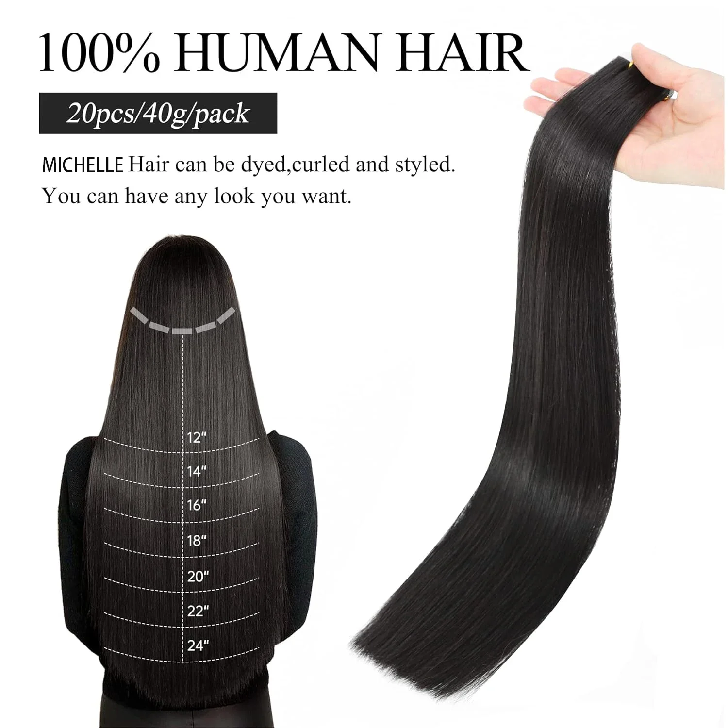 Tape-in-Extensions, 100 % Remy-Menschenhaar, nahtlos, glatt, natürliches Schwarz_voghion.com