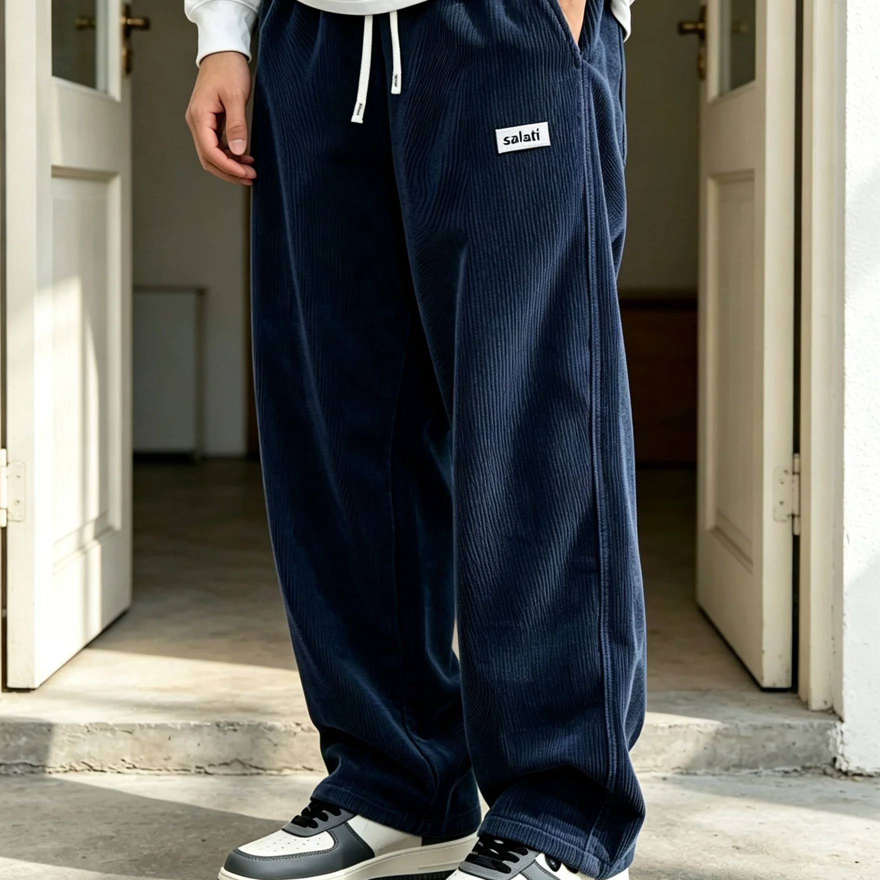 New Men Heavyweight Cotton Knitted High Waist Pleated Front Waterproof Wide Leg Casual Pants Elastic Drawstring Waist Trousers gallery 2