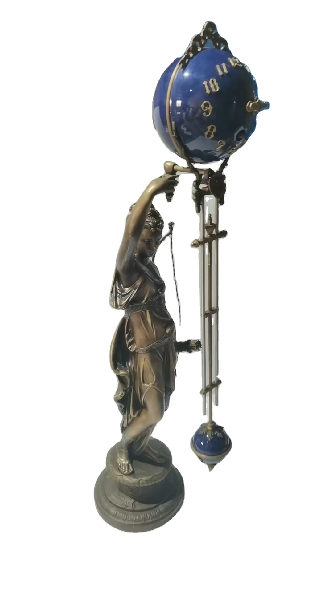 Mystery Cobalt Blue 8 Day Brass Huntress Table Clock - Antique