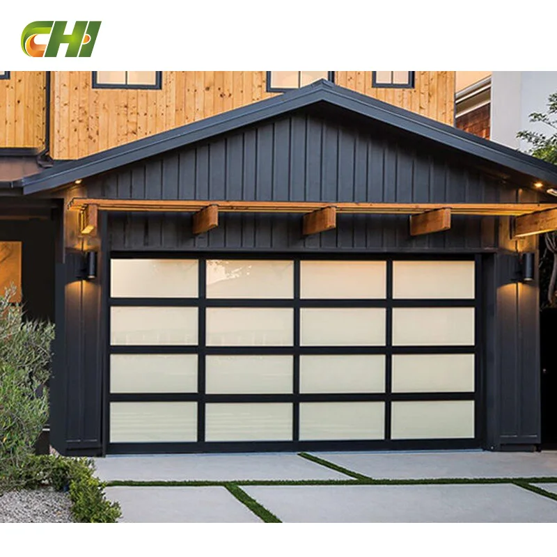 Modern 16x9 Double Insulated Frosted Impact Rated Glass Metal Garage Door Aluminum Alloy with Finished Surface