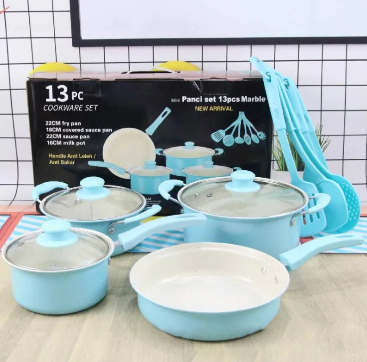 Hot Selling Colorful 13-Piece Non-Stick Multi-Functional Soup Milk Pot Sets Frying Pan Gift Purple Red Blue Cooking Kitchenware