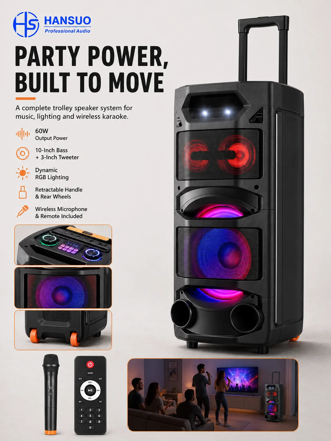 60W Portable Trolley Party Speaker with 10 Inch Woofer RGB Lights Wheels and Wireless Microphone