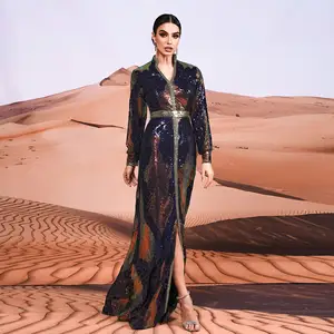 Long Sleeve Sequin Women's Dresses Arabic Istanbul Moroccan Turkish Dubai Muslim Modest Evening Party Dresses Muslim Clothing