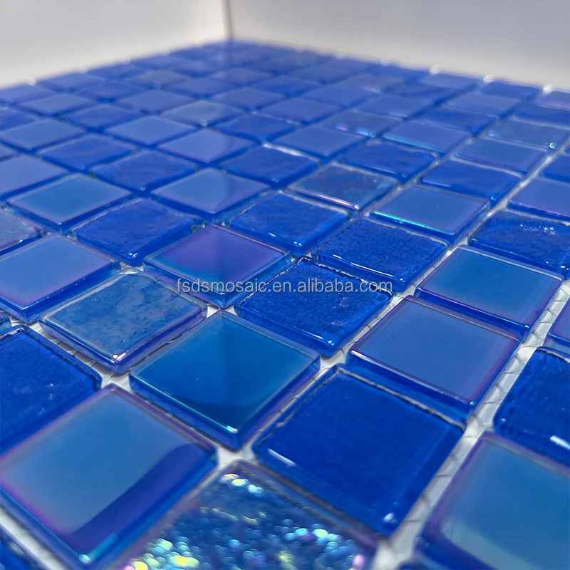 DS 4mm Sky Blue Green Crystal Glass Mosaic Tile Modern Indoor Interiors Swimming Pool Wall Decorative Iridescent Rainbow Color