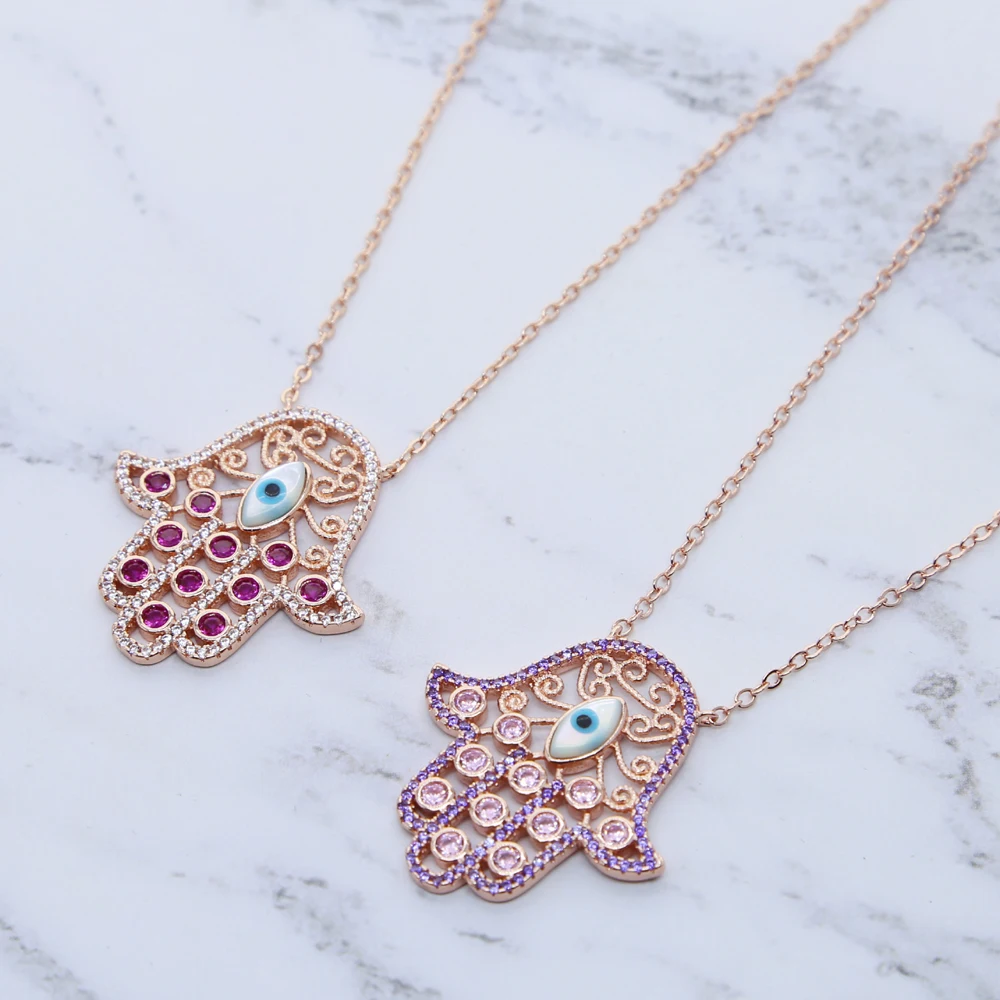 High Quality Stock Red clear Cubic Zircon Rose Gold Plated Turkish Jewelry Hamsa Hand Pendant Necklace