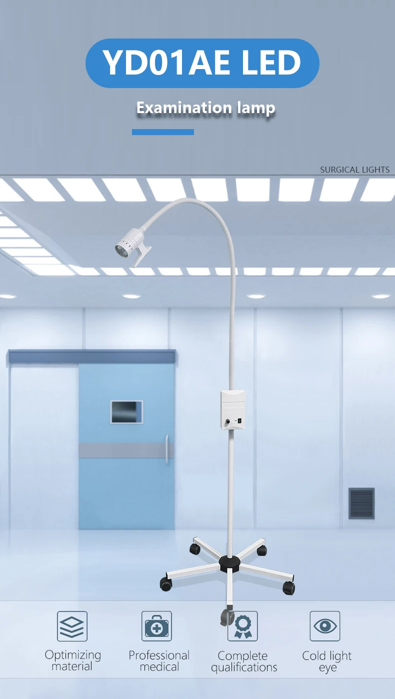 YD01A LED Medical Durable Light Mobile Stainless Floor Stand Gooseneck Surgical   Examination Lamp With Emergency Battery